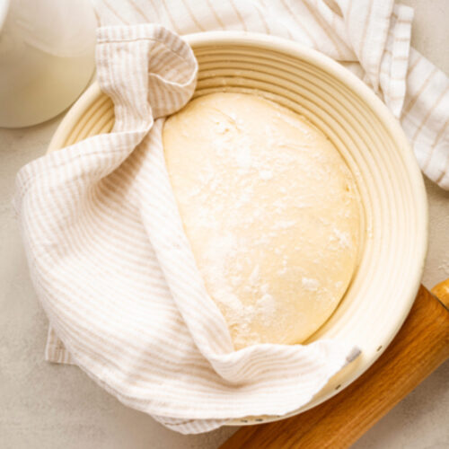 Freshly made quick rise pizza dough ready in a rising basket.