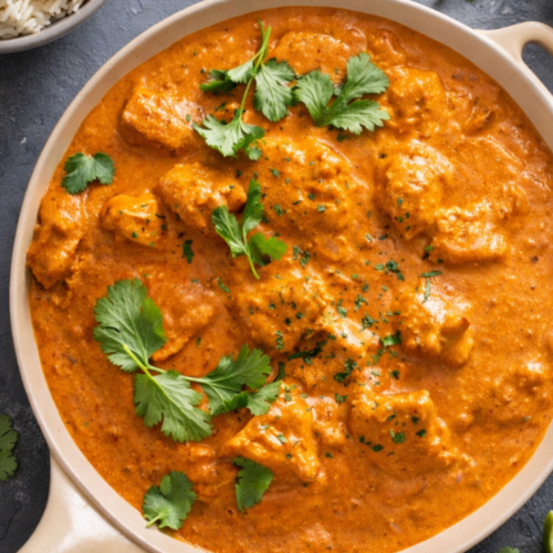 A bowl of creamy authentic Indian butter, chicken, garnished with fresh cilantro.