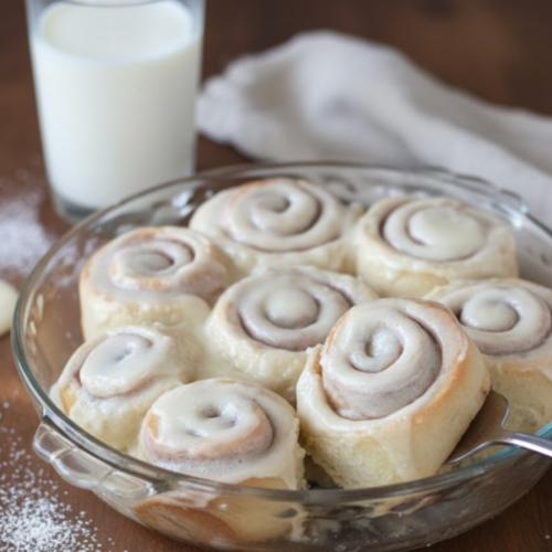 Freshly baked cinnamon rolls with frosting a linen napkin and a glass of milk.