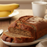 A golden loaf of classic banana bread on a wooden board, sliced to show its soft, moist texture with a few ripe bananas and crumbs around it.
