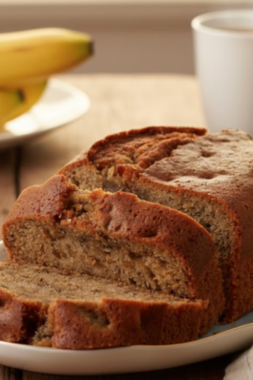 A golden loaf of classic banana bread on a wooden board, sliced to show its soft, moist texture with a few ripe bananas and crumbs around it.