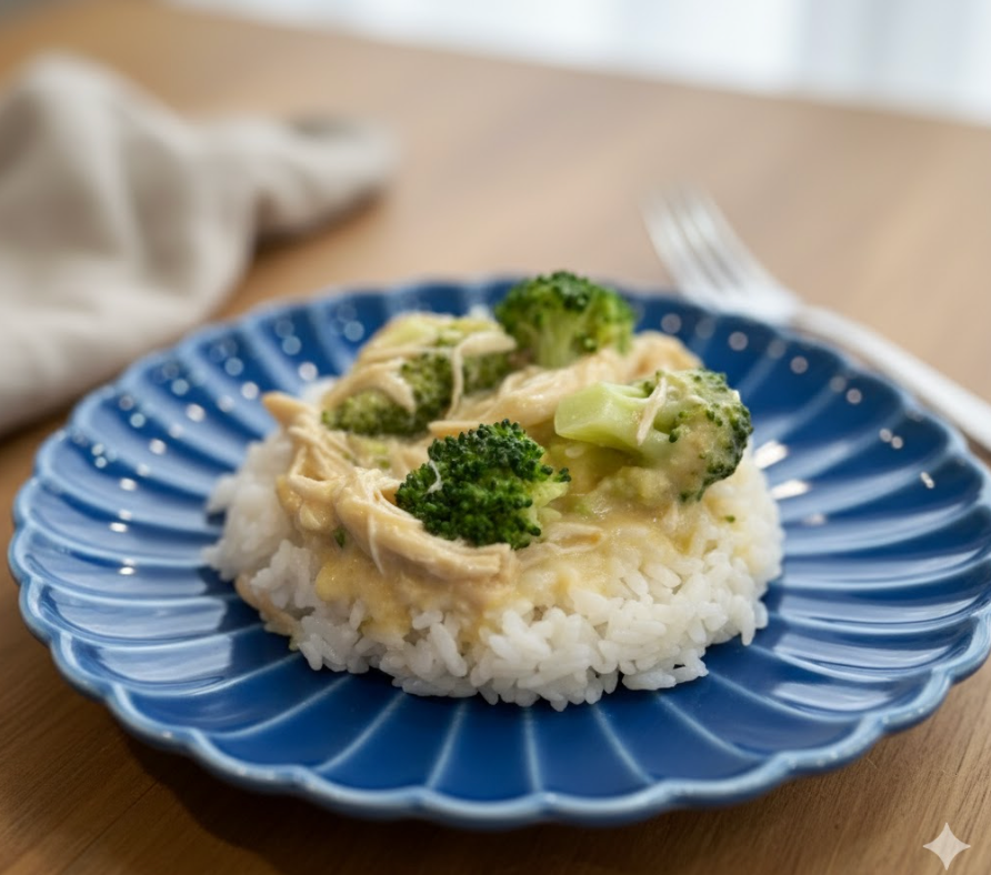 Instant Pot creamy chicken and broccoli over rice on a plate.