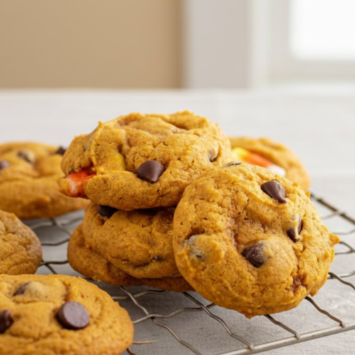 Soft pumpkin chocolate chip cookies stacked on a plate, showing their thick, fluffy texture and melty chocolate chips.