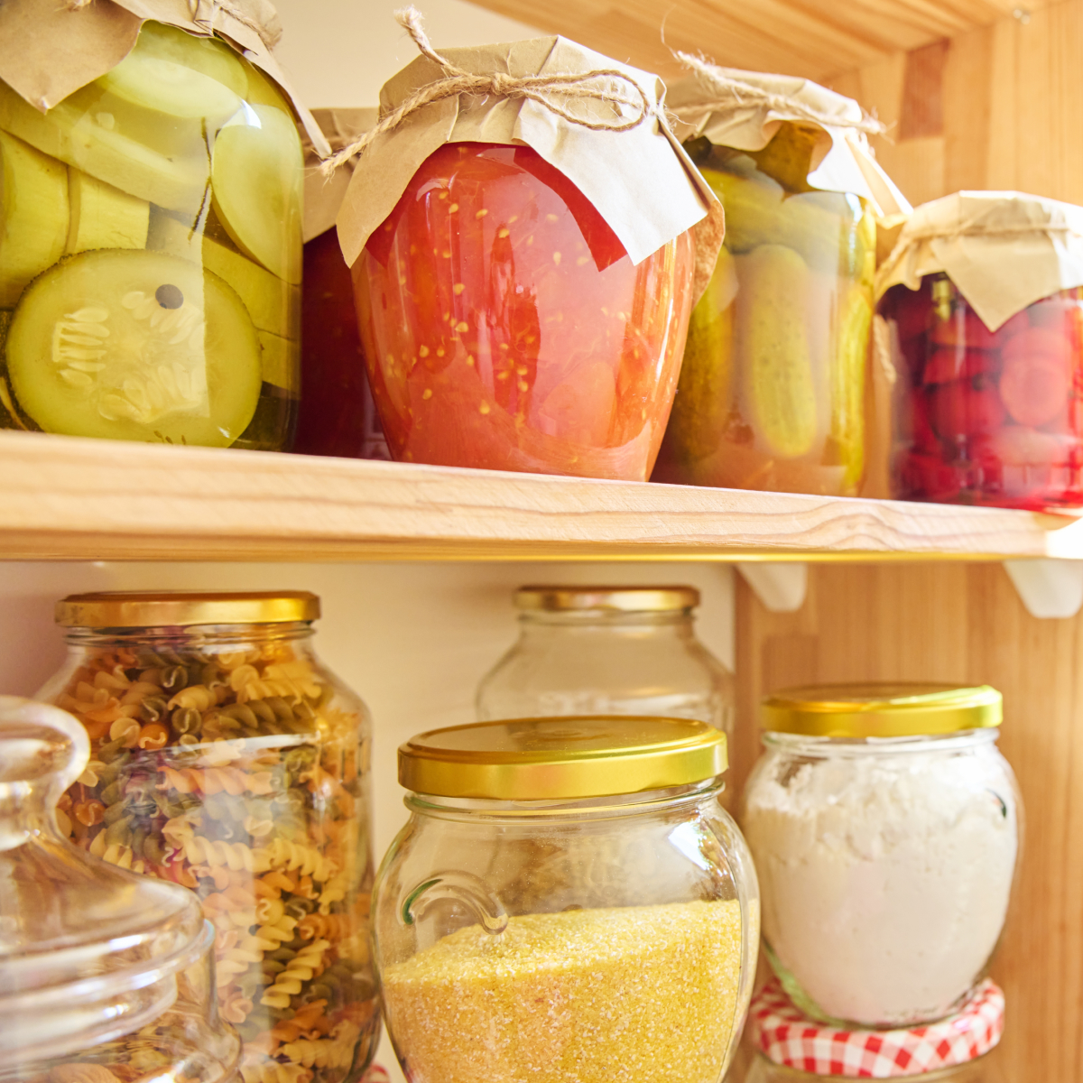 Glass mason jars filled with canned tomatoes and preserved pantry staples stored neatly on open shelves.