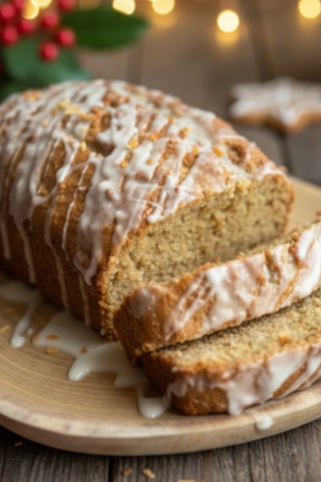 Toasted coconut brown butter banana bread topped with toasted coconut and glaze.