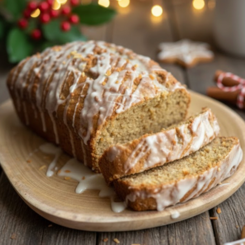 Toasted coconut brown butter banana bread topped with toasted coconut and glaze.