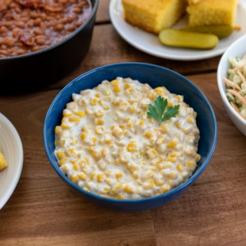 Honey Butter Skillet Corn — creamy buttered corn glazed with honey, topped with chopped parsley.