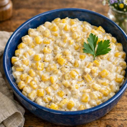 Honey Butter Skillet Corn — creamy buttered corn glazed with honey, topped with chopped parsley.