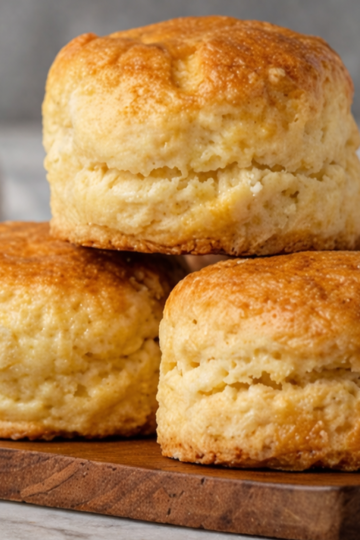 Flaky brown butter honey biscuits stacked on a wooden board with golden tops and soft, tender layers