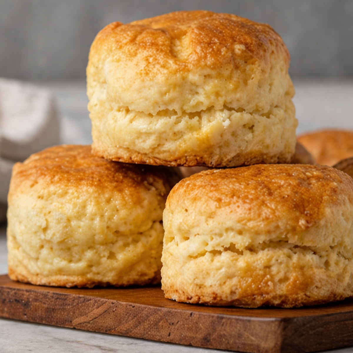 Flaky brown butter honey biscuits stacked on a wooden board with golden tops and soft, tender layers