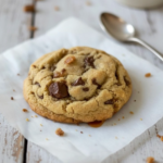 Freshly baked Brown Butter Toffee Cloud Cookies with golden edges and melty toffee bits on parchment paper.