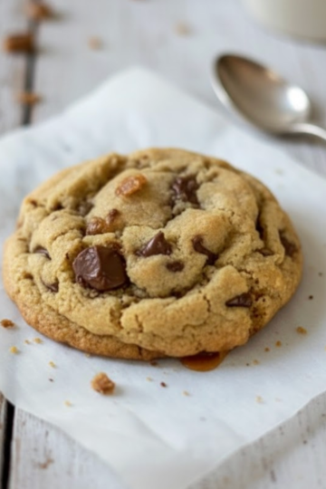 Freshly baked Brown Butter Toffee Cloud Cookies with golden edges and melty toffee bits on parchment paper.