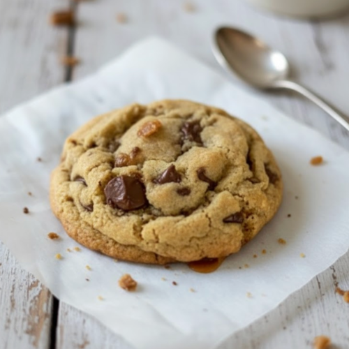 Freshly baked Brown Butter Toffee Cloud Cookies with golden edges and melty toffee bits on parchment paper.