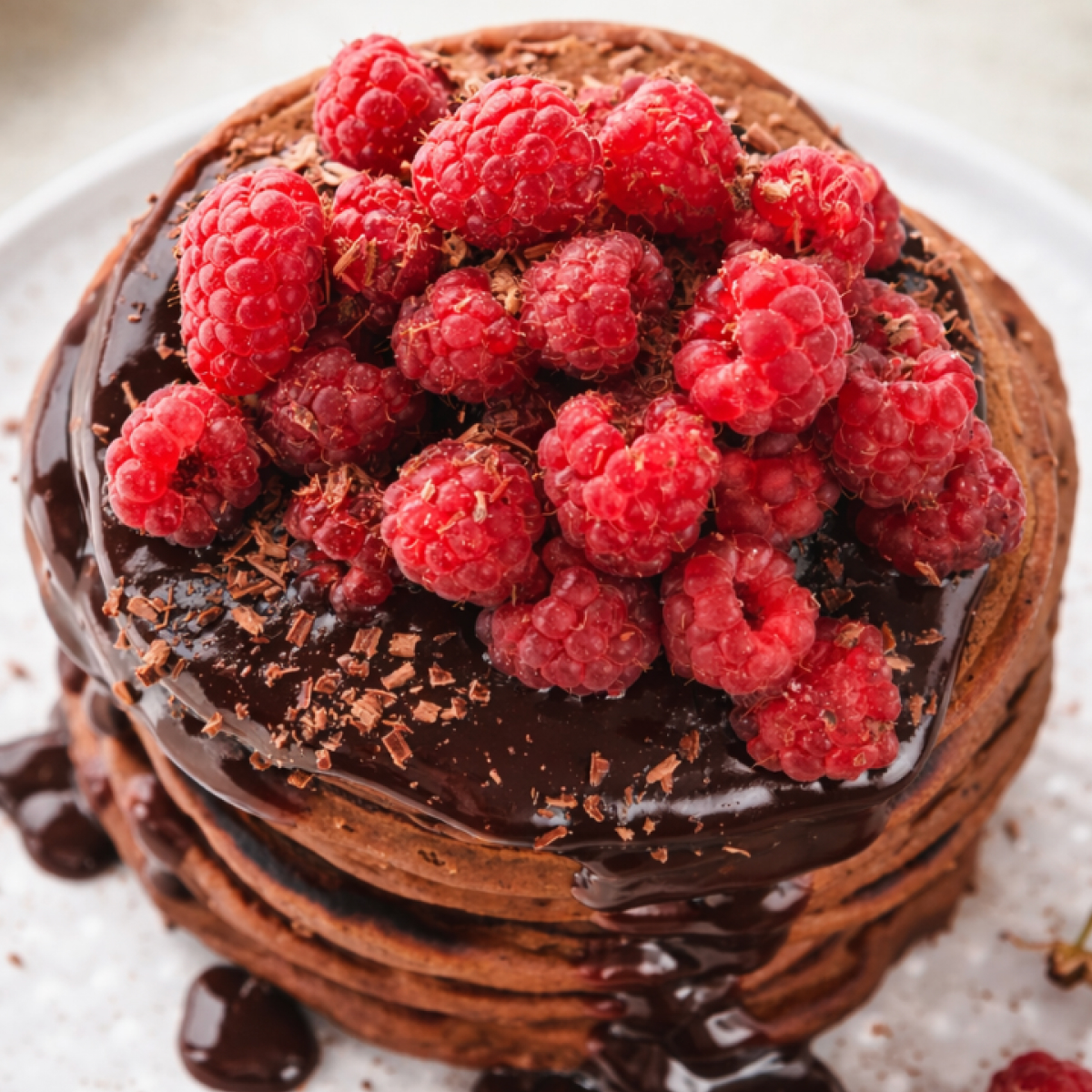 Stack of fluffy chocolate sourdough discard pancakes drizzled with glossy chocolate sauce and topped with fresh berries.