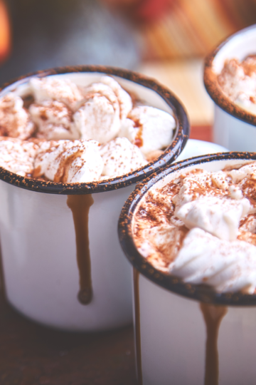 Large batch of rich hot chocolate in a glass with a single mug of hot cocoa topped with marshmallows next to it, illustrating serving sizes for a crowd.