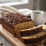 Salted caramel banana bread topped with a rich cocoa streusel.
