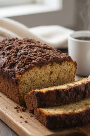 Salted caramel banana bread topped with a rich cocoa streusel.