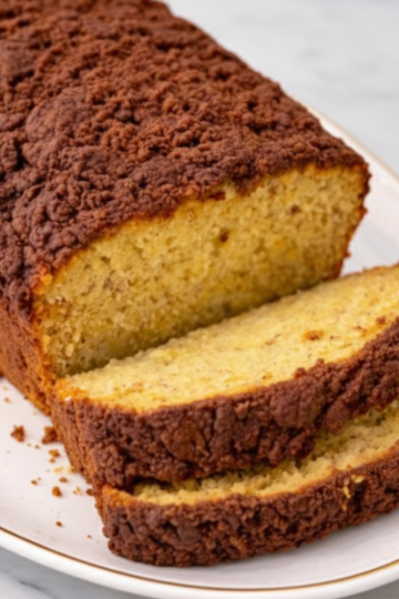 A sliced loaf of moist banana bread topped with a thick, golden salted caramel glaze and a sprinkle of sea salt on a white marble surface.