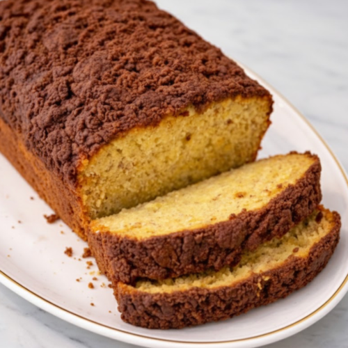 A sliced loaf of moist banana bread topped with a thick, golden salted caramel glaze and a sprinkle of sea salt on a white marble surface.