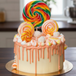 Vibrant Chaos Cake with colorful swirled layers and artistic frosting in peach and cream accents.