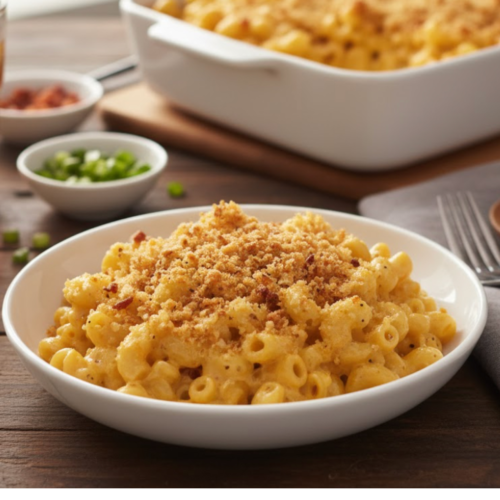 Creamy baked ultimate mac & cheese with toasted breadcrumbs in a white dish.