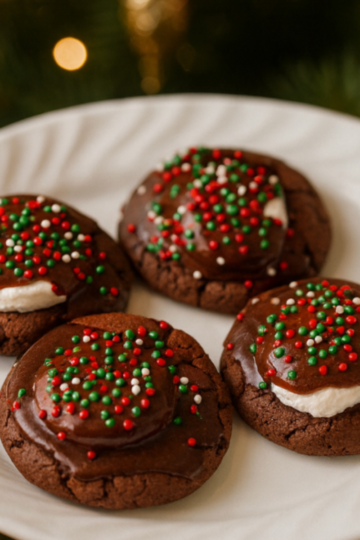 Gooey hot chocolate cookies topped with melted marshmallows and glossy cocoa icing on a nice plate.