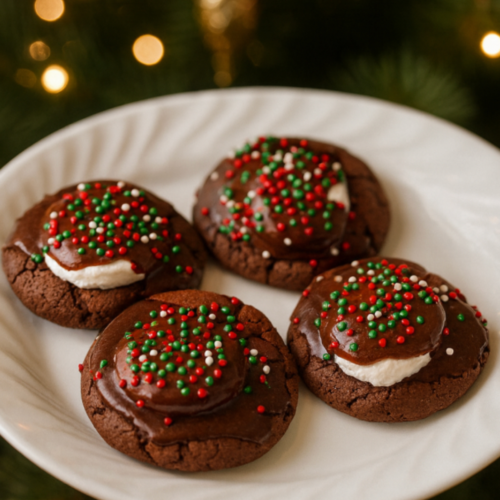Gooey hot chocolate cookies topped with melted marshmallows and glossy cocoa icing on a nice plate.