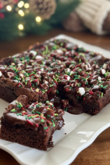 Fudgy hot chocolate brownies topped with marshmallows and cocoa frosting on a nice plate.