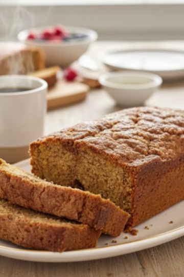 A slice of snickerdoodle banana bread with a golden cinnamon sugar crust, sitting on a wooden table with breakfast nearby.