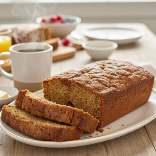 A slice of snickerdoodle banana bread with a golden cinnamon sugar crust, sitting on a wooden table with breakfast nearby.