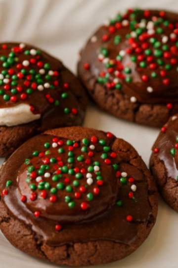Soft and chewy chocolate cookies topped with melted chocolate, gooey marshmallow centers, and colorful sprinkles on a white marble surface.