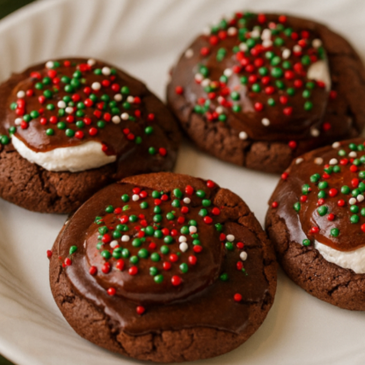 Soft and chewy chocolate cookies topped with melted chocolate, gooey marshmallow centers, and colorful sprinkles on a white marble surface.