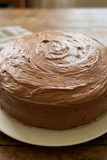 Chocolate layer cake with fluffy peppermint chocolate cream cheese frosting, sitting on a beautiful rustic table.