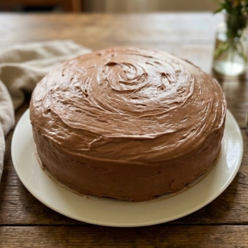 Chocolate layer cake with fluffy peppermint chocolate cream cheese frosting, sitting on a beautiful rustic table.