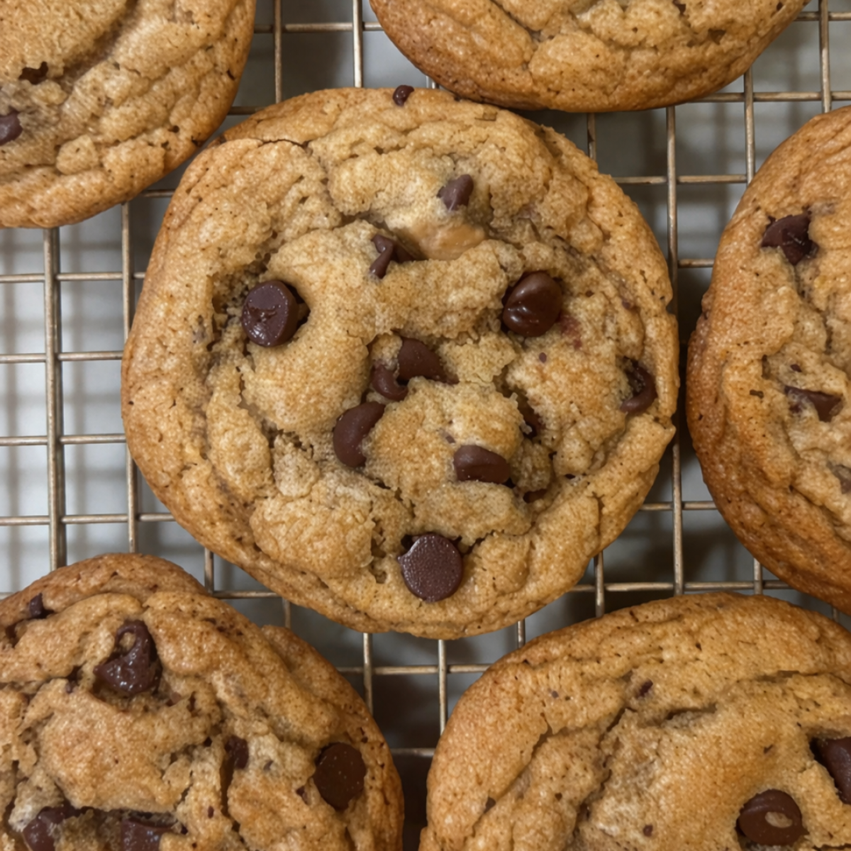 A cookie rack filled with soft and chewy chocolate chip cookies.