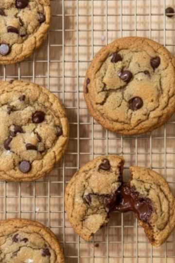 Thick, golden brown butter sourdough discard cookies laying on a plate, with melty chocolate puddles and crisp edges, showing their soft, chewy centers.