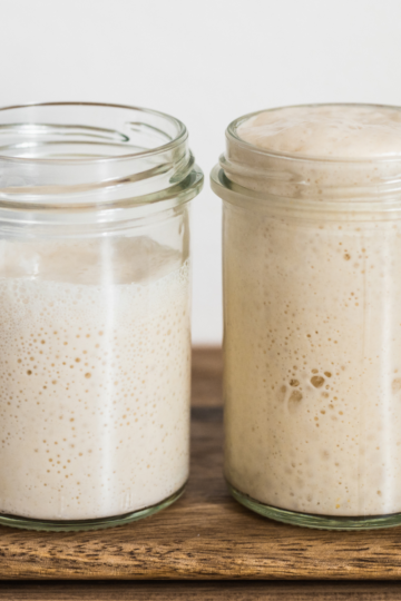 A bubbly sourdough starter in a clear jar showing fermentation activity, used to illustrate baking science, feeding ratios, and troubleshooting starter issues.
