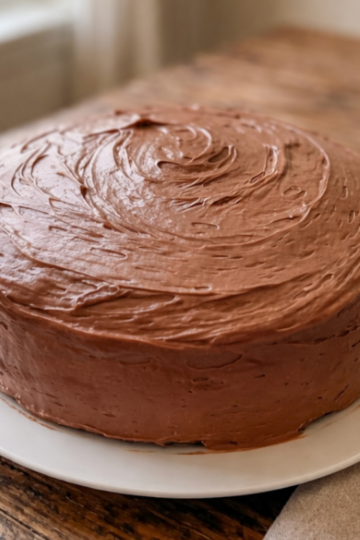 Chocolate layer cake with fluffy peppermint chocolate cream cheese frosting, sitting on a beautiful rustic table.