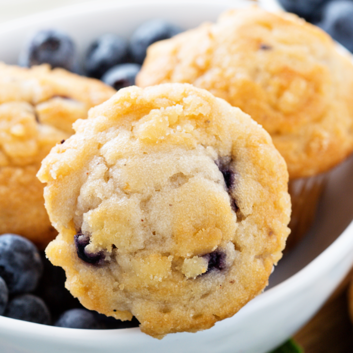 Soft and fluffy blueberry muffins served on top of fresh blueberries.