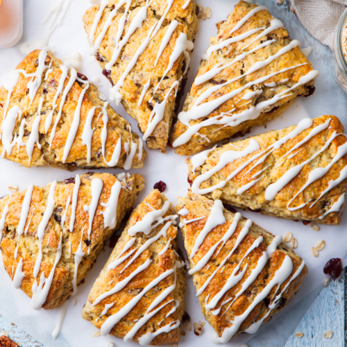Soft and buttery cranberry scones drizzled with a light vanilla icing.