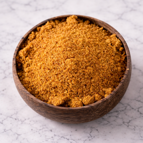 Homemade garam masala made with ground spices, mixed together in a small bowl.