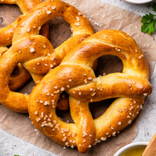 Freshly baked golden-brown sourdough pretzels with coarse sea salt on a counter.