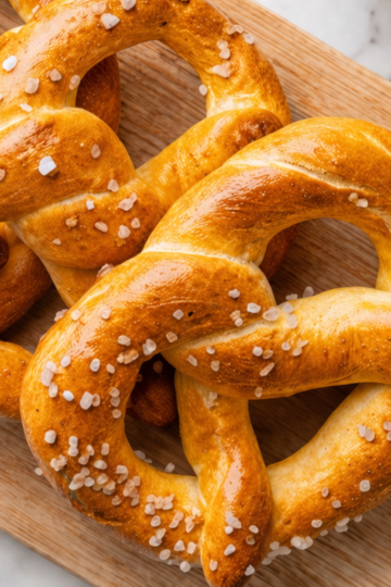 Freshly baked golden-brown sourdough pretzels with coarse sea salt on a counter.