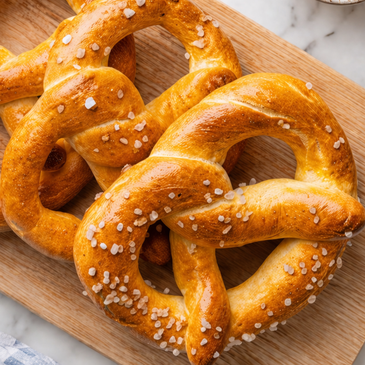 Freshly baked golden-brown sourdough pretzels with coarse sea salt on a counter.