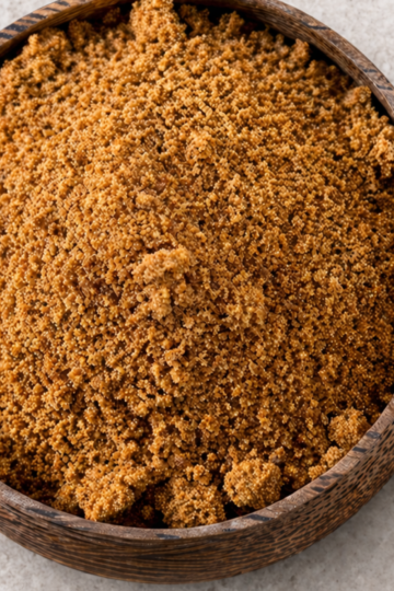 Homemade garam masala made with ground spices, mixed together in a small bowl.