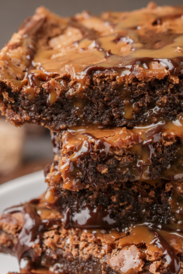 Close-up of brownies showing fudgy and chewy textures.