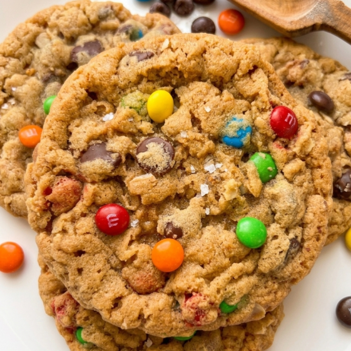 Brown butter monster cookies with chocolate chips, oats, and M&M candies on a white plate