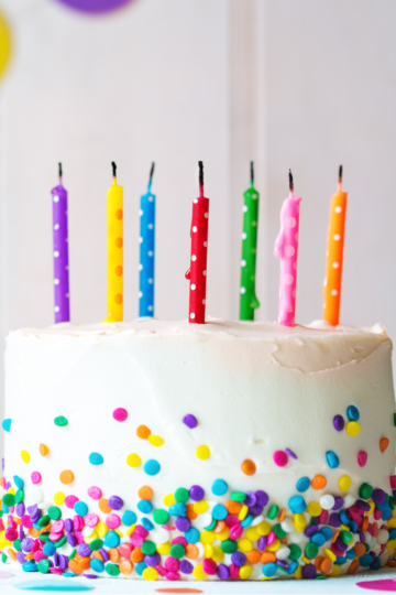 A beautifully decorated birthday cake with colorful sprinkles along the bottom and colorful candles topping the cake.