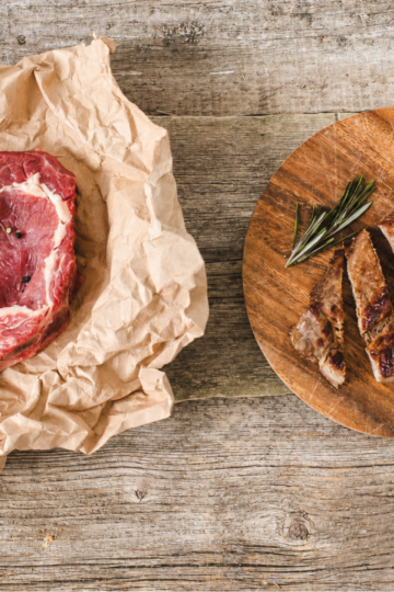 Raw boneless steak and cooked steak showing meat shrinkage from cooking.