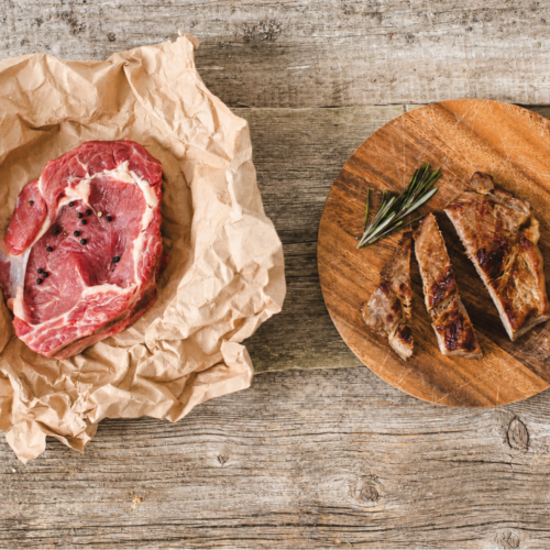 Raw boneless steak and cooked steak showing meat shrinkage from cooking.